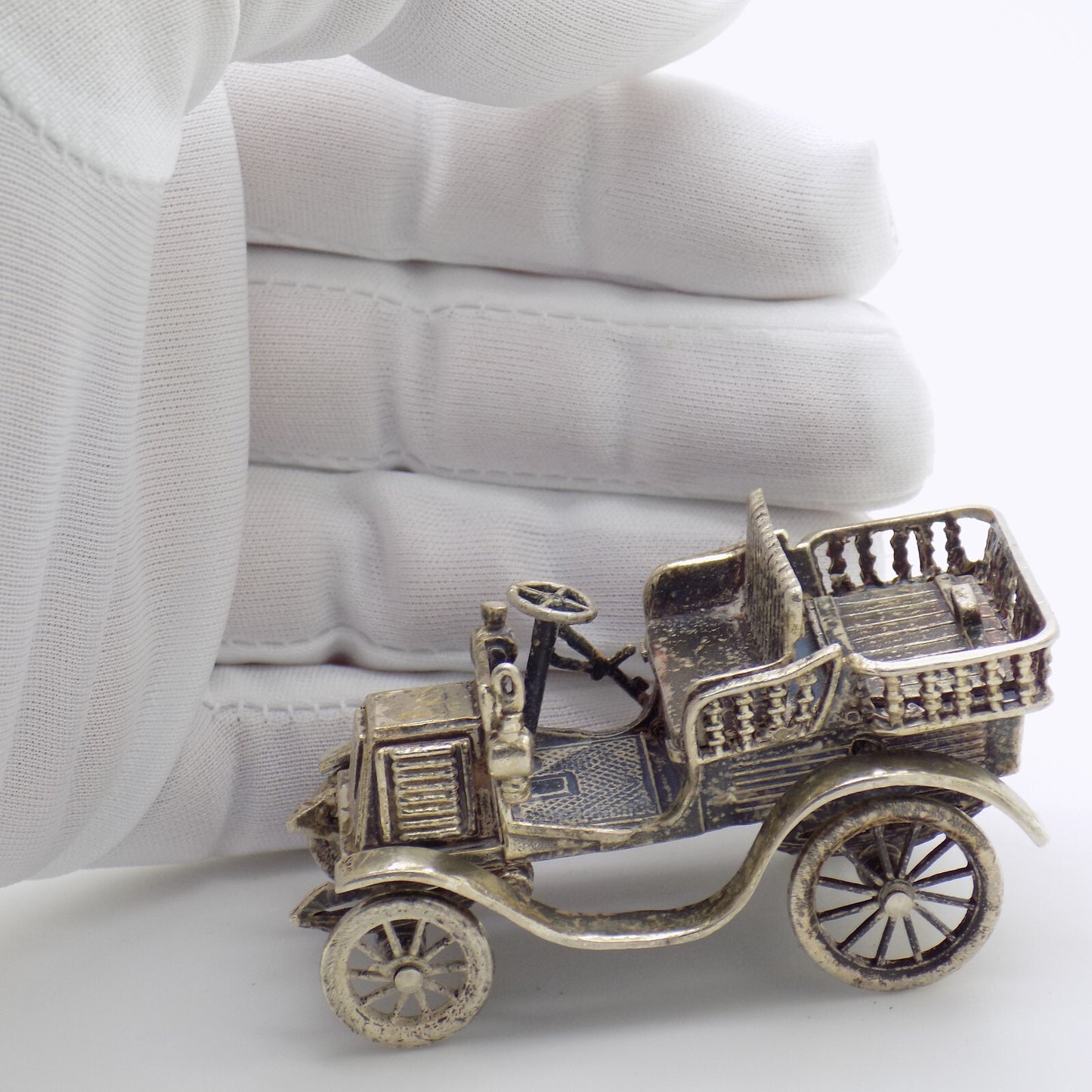 Vintage Italian Handmade Genuine Silver Tonneau Renault 1900 Car RARE Figurine