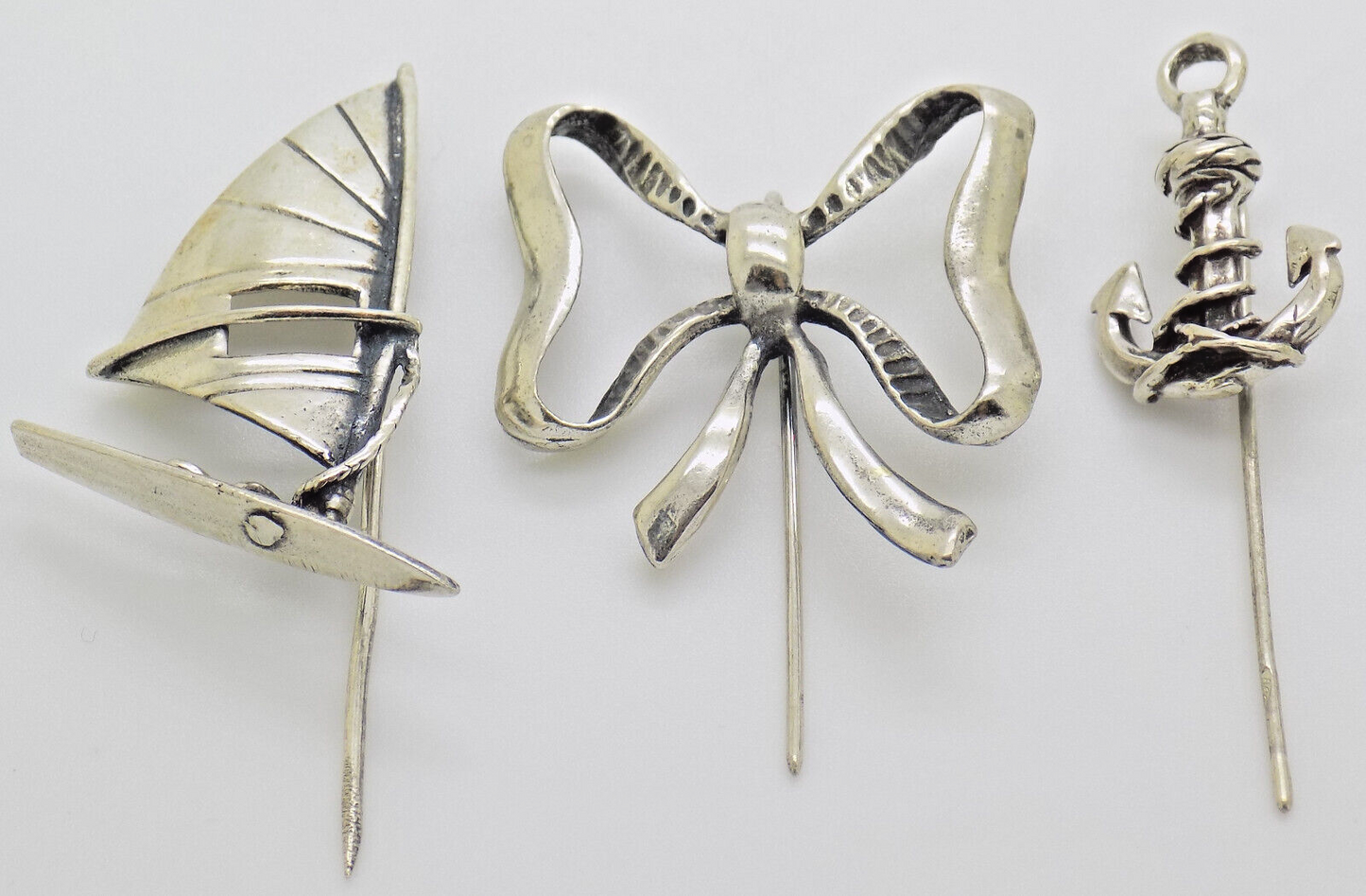 Vintage Italian Handmade Genuine Silver 3 x Brooches Anchor Ribbon and Windsurf