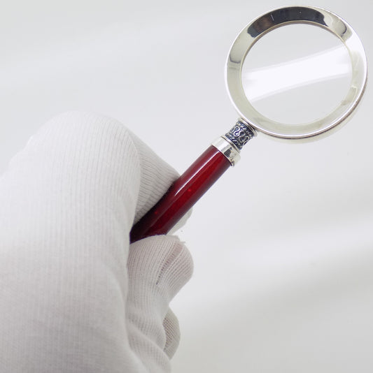 Vintage Italian Handmade Genuine Silver Purse Magnifier with Wooden Handle