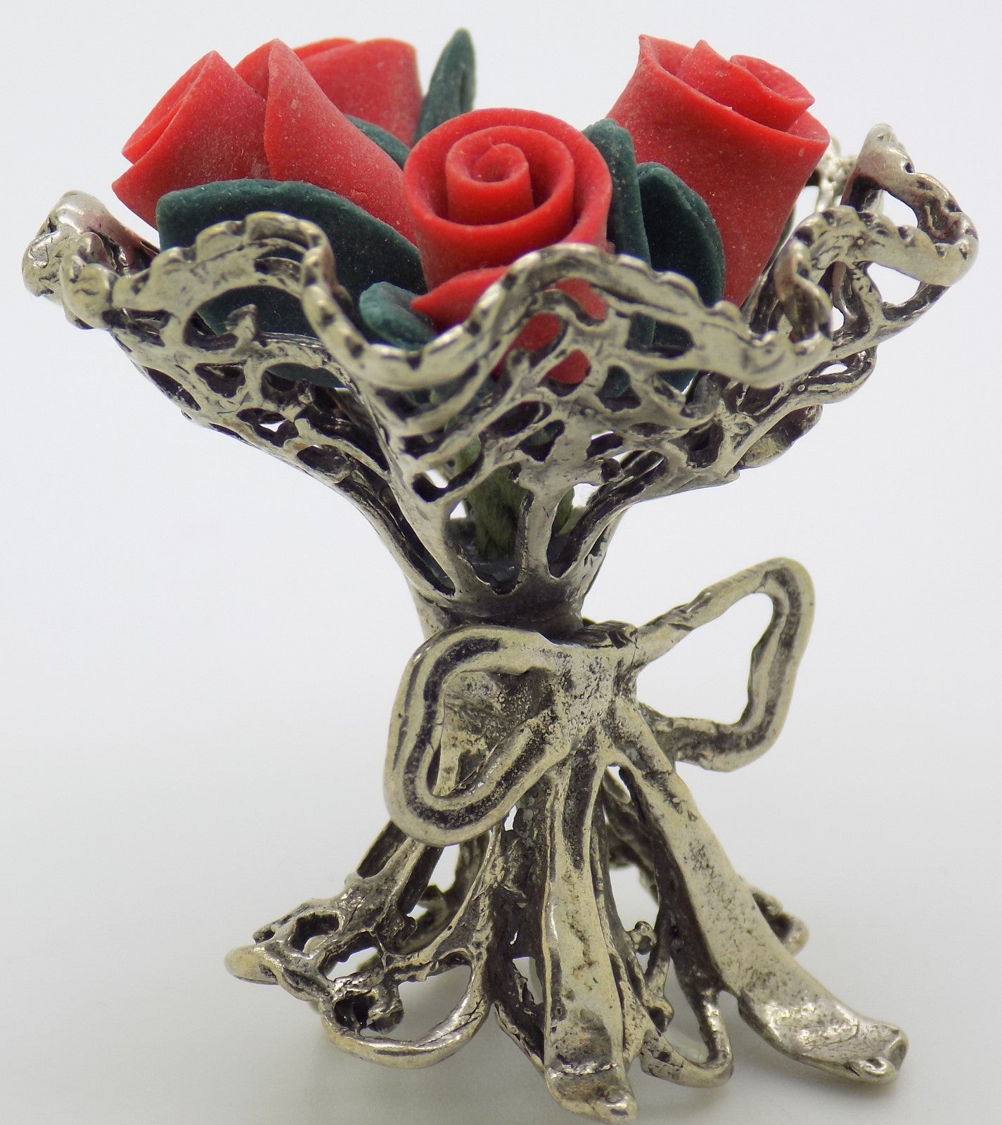 Vintage Handmade Italian Genuine Silver Rose Bouquet Dollhouse Miniature