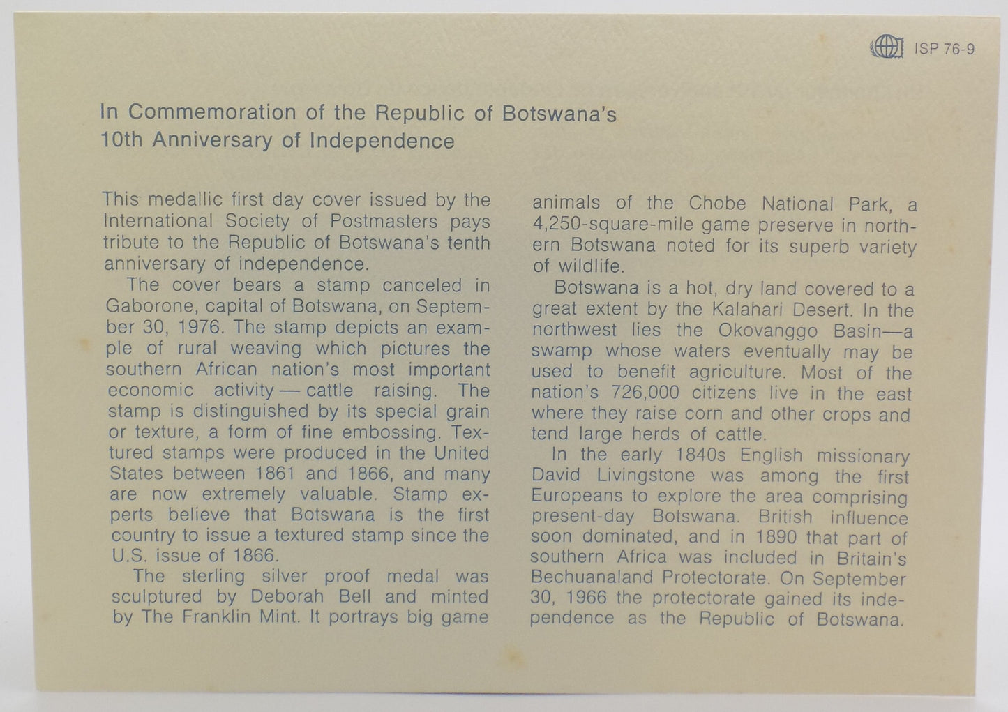 1976 Int'l Society of Postmasters 10th Ann. Republic of Botswana Silver Medal