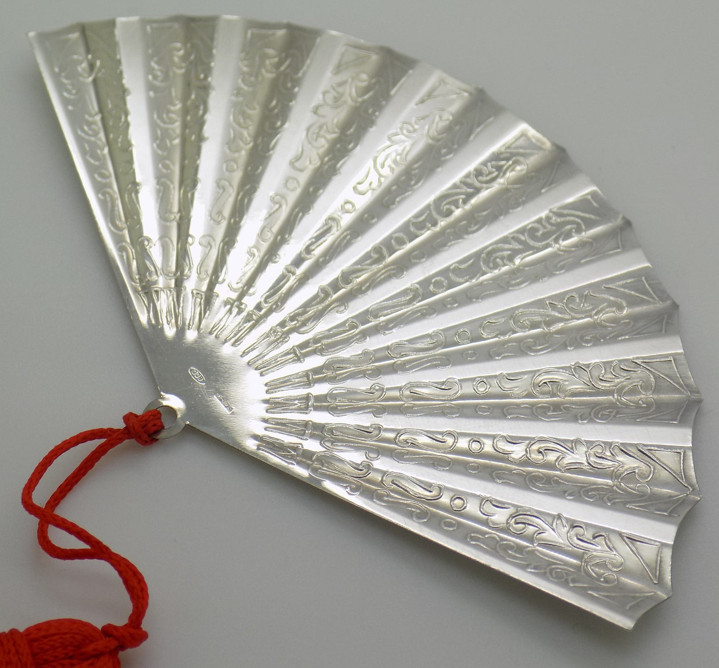 Vintage Italian Silver Large Fan Miniature Handmade 800 Silver with Red Tassel