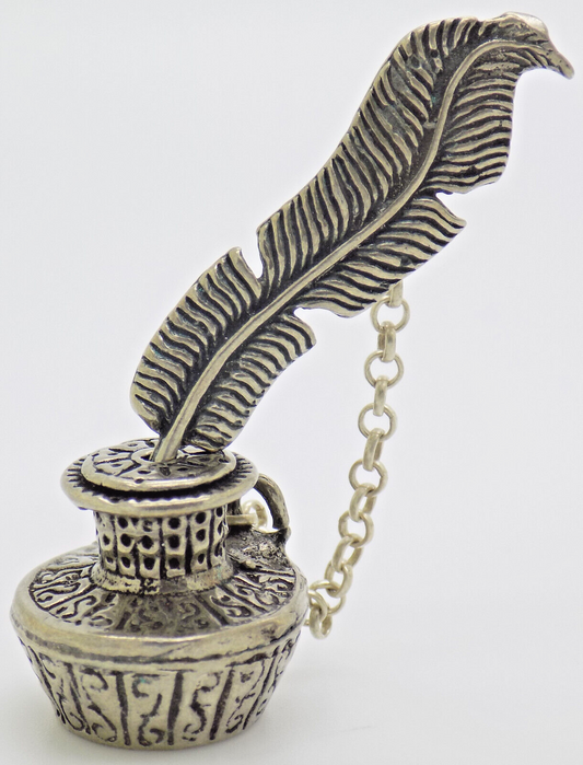 Vintage Italian Handmade Genuine Silver .800 Pen & Inkwell Dollhouse Miniature