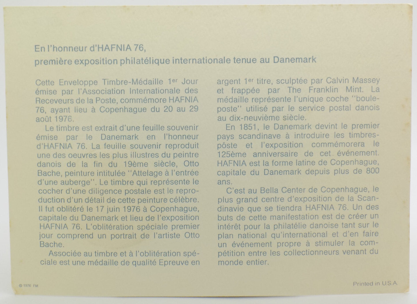 1976 Int'l Society of Postmasters Denmark's Stamp Exhibition-HAFNIA Silver Medal