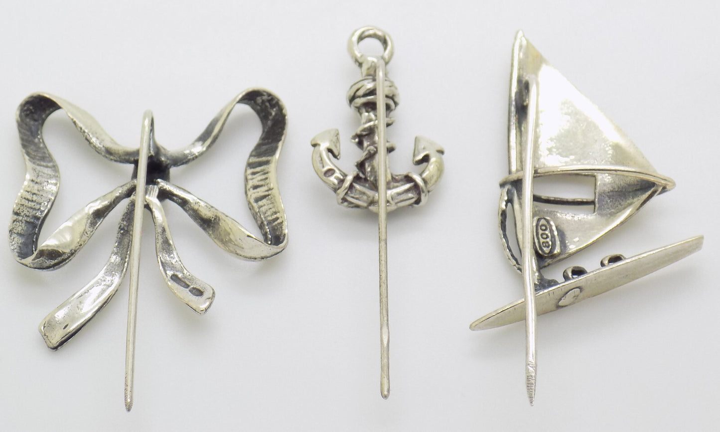 Vintage Italian Handmade Genuine Silver 3 x Brooches Anchor Ribbon and Windsurf