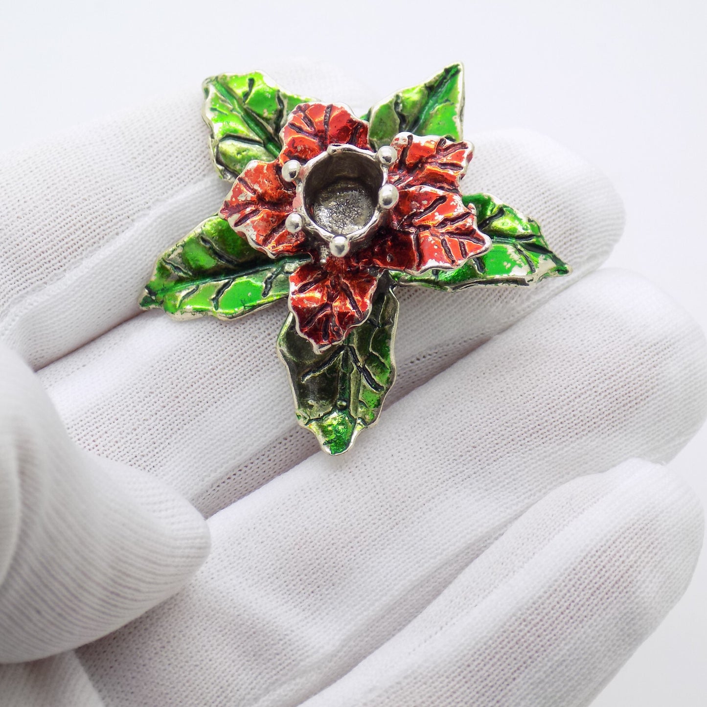 Vintage Italian Handmade Genuine Silver .800 Christmas Poinsettia Candle Holder