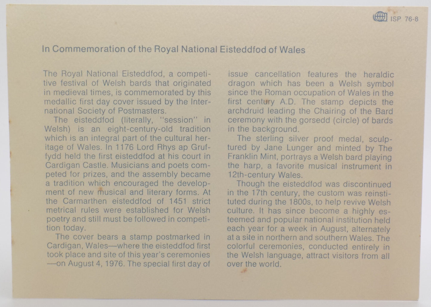 1976 Intl Society of Postmasters Royal national Eisteddfod of Wales Silver Medal