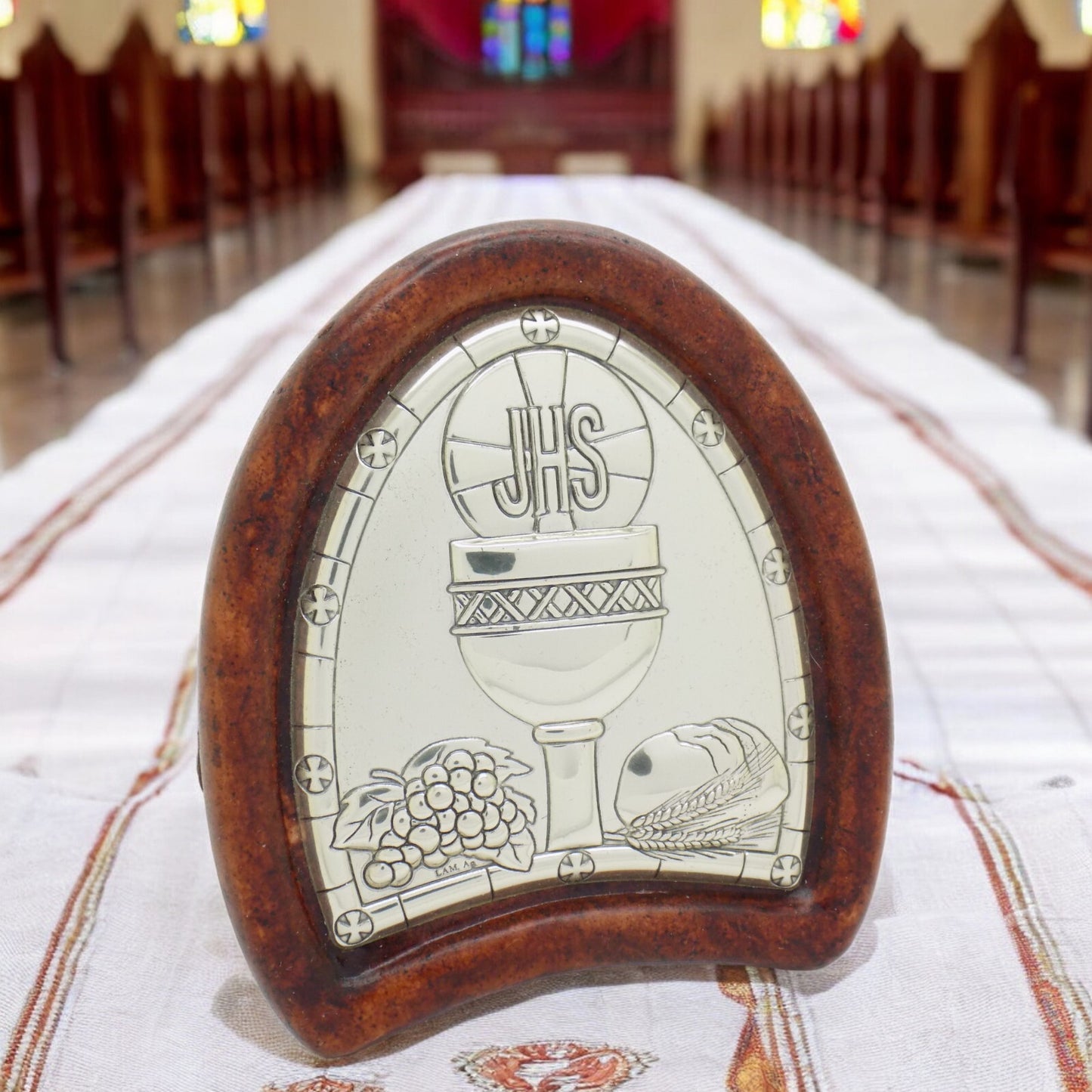 Vintage Italian Handmade Silver Lamina Sheet JHS Christian Icon Holy Eucharist
