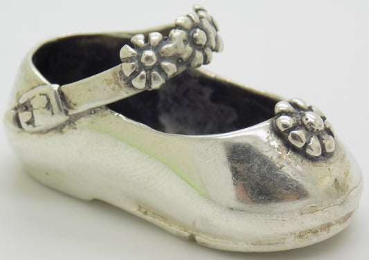 Vintage Italian Sterling Silver 925 Child Shoe with Flowers Miniature 1980s