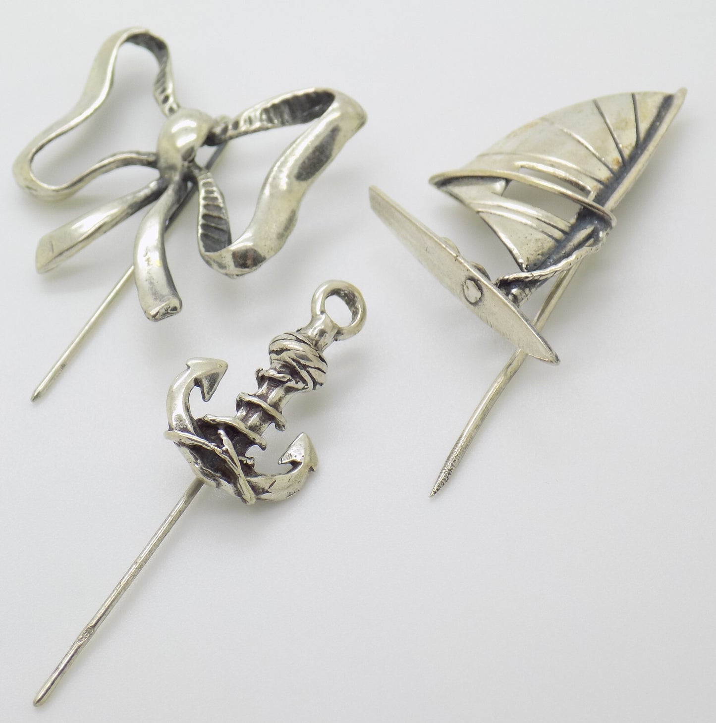 Vintage Italian Handmade Genuine Silver 3 x Brooches Anchor Ribbon and Windsurf