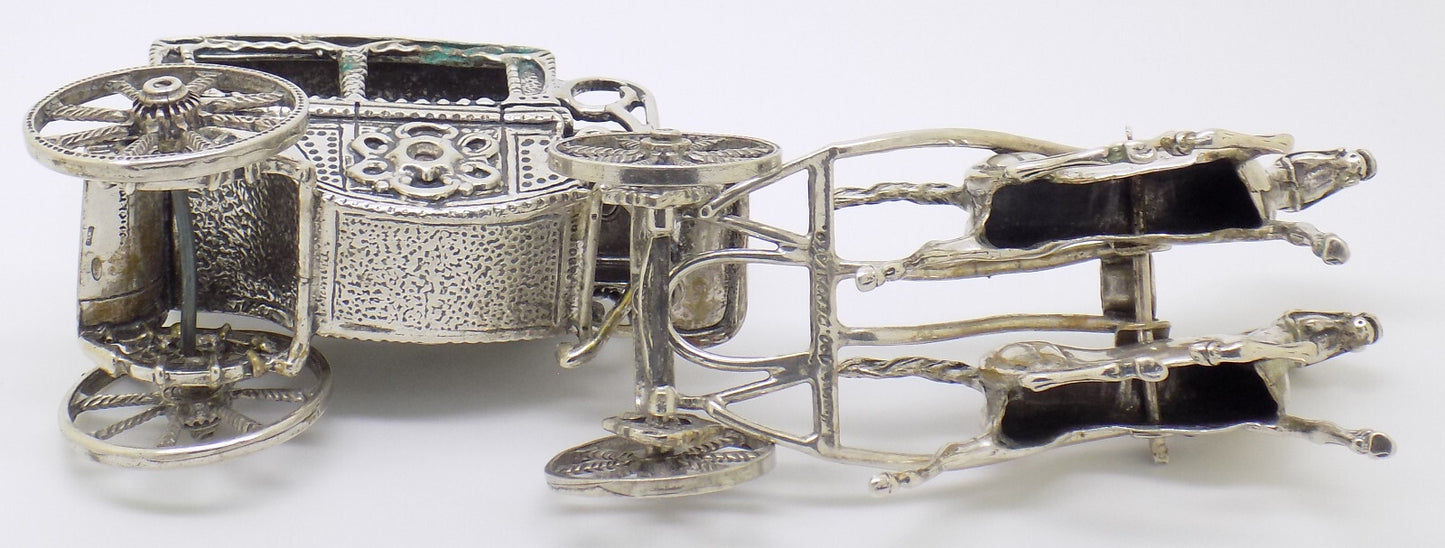 Vintage Italian Handmade Genuine Silver Large Royal Carriage w/t Horses Statue