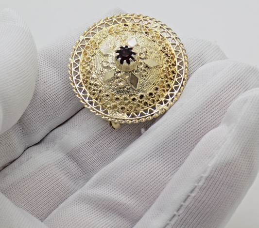 Vintage Italian Handmade Genuine Silver .800 Ruby Colored Stone Gilded Brooch
