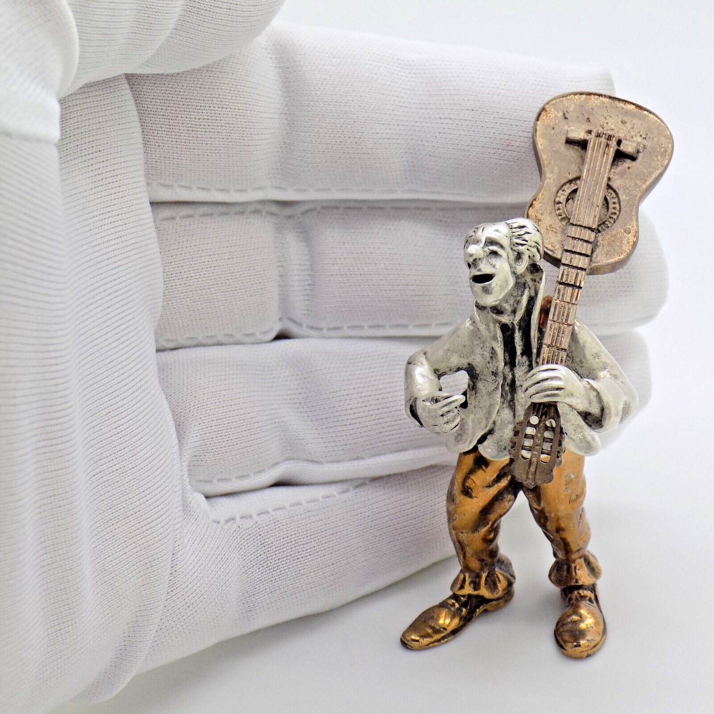Vintage Italian Handmade Genuine Silver & Brass ANGINI Guitarist Clown Figurine